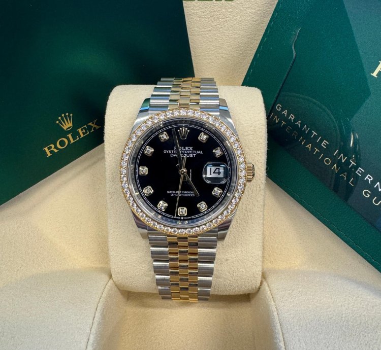 Rolex Datejust 36 New 2023 Black Diamond Dial Diamond Bezel Two Tone Yellow Gold Jubilee