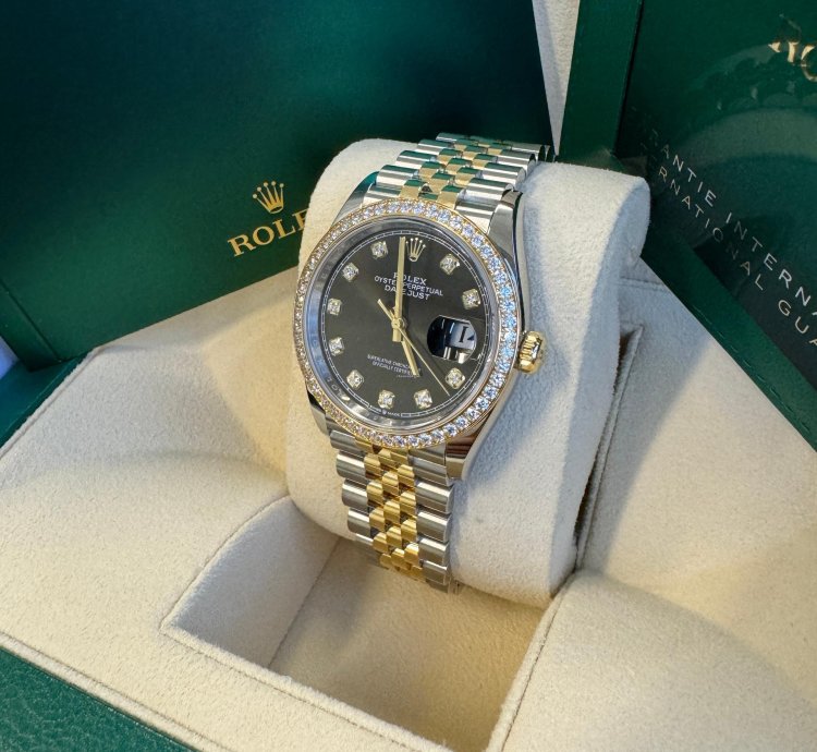 Rolex Datejust 36 New 2023 Black Diamond Dial Diamond Bezel Two Tone Yellow Gold Jubilee