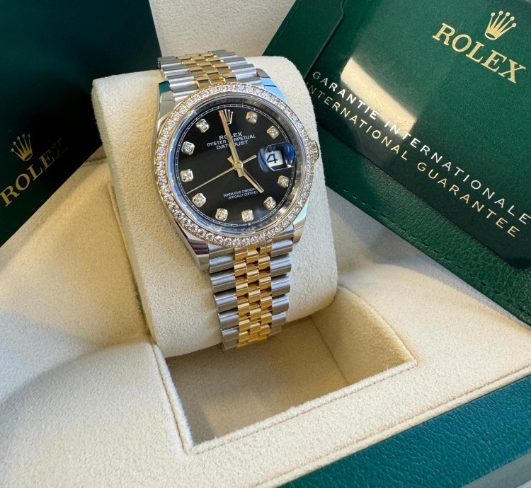 Rolex Datejust 36 New 2023 Black Diamond Dial Diamond Bezel Two Tone Yellow Gold Jubilee