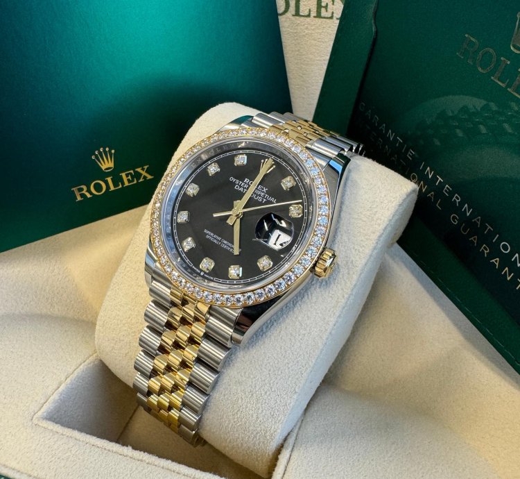 Rolex Datejust 36 New 2023 Black Diamond Dial Diamond Bezel Two Tone Yellow Gold Jubilee