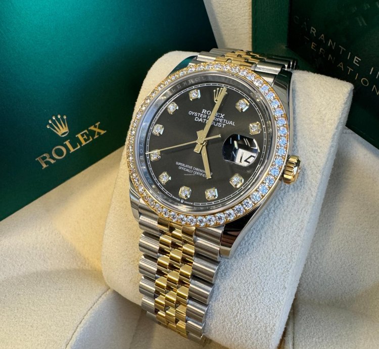 Rolex Datejust 36 New 2023 Black Diamond Dial Diamond Bezel Two Tone Yellow Gold Jubilee