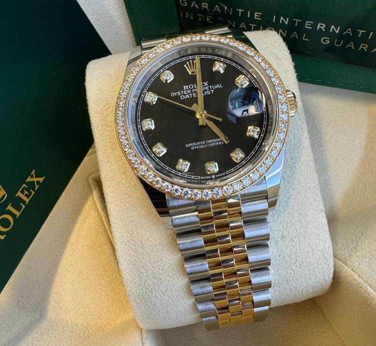 Rolex Datejust 36 New 2023 Black Diamond Dial Diamond Bezel Two Tone Yellow Gold Jubilee