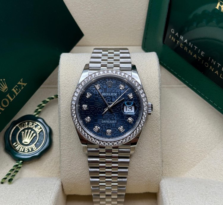 Rolex Datejust 36 New 2023 Blue Celebration Motif Diamond Dial Diamond Bezel Stainless Jubilee