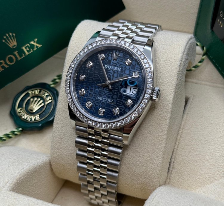 Rolex Datejust 36 New 2023 Blue Celebration Motif Diamond Dial Diamond Bezel Stainless Jubilee