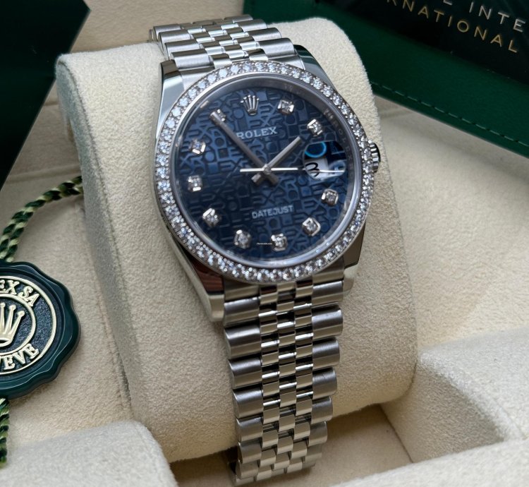 Rolex Datejust 36 New 2023 Blue Celebration Motif Diamond Dial Diamond Bezel Stainless Jubilee