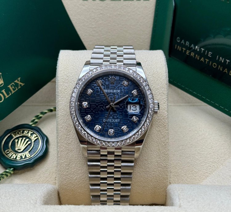 Rolex Datejust 36 New 2023 Blue Celebration Motif Diamond Dial Diamond Bezel Stainless Jubilee