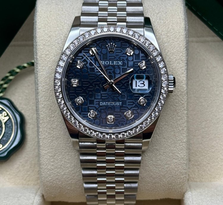 Rolex Datejust 36 New 2023 Blue Celebration Motif Diamond Dial Diamond Bezel Stainless Jubilee
