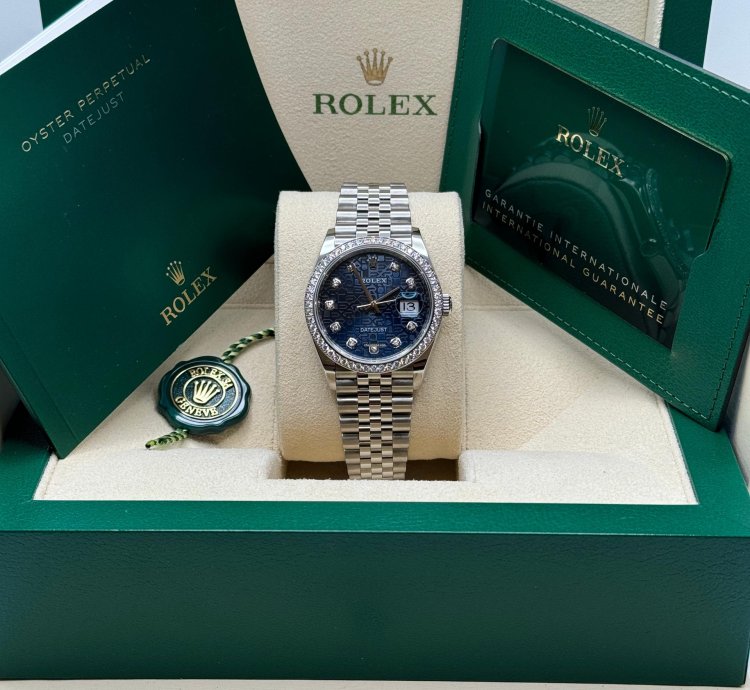 Rolex Datejust 36 New 2023 Blue Celebration Motif Diamond Dial Diamond Bezel Stainless Jubilee