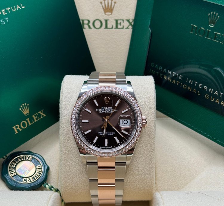 Rolex Datejust 36 New 2023 Chocolate Brown Index Dial Diamond Bezel Two Tone Rose Gold Oyster