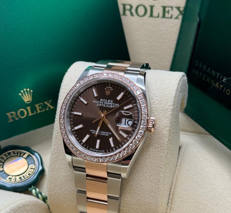 Rolex Datejust 36 New 2023 Chocolate Brown Index Dial Diamond Bezel Two Tone Rose Gold Oyster