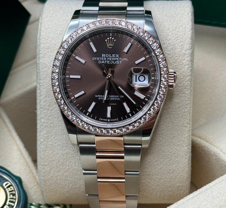 Rolex Datejust 36 New 2023 Chocolate Brown Index Dial Diamond Bezel Two Tone Rose Gold Oyster