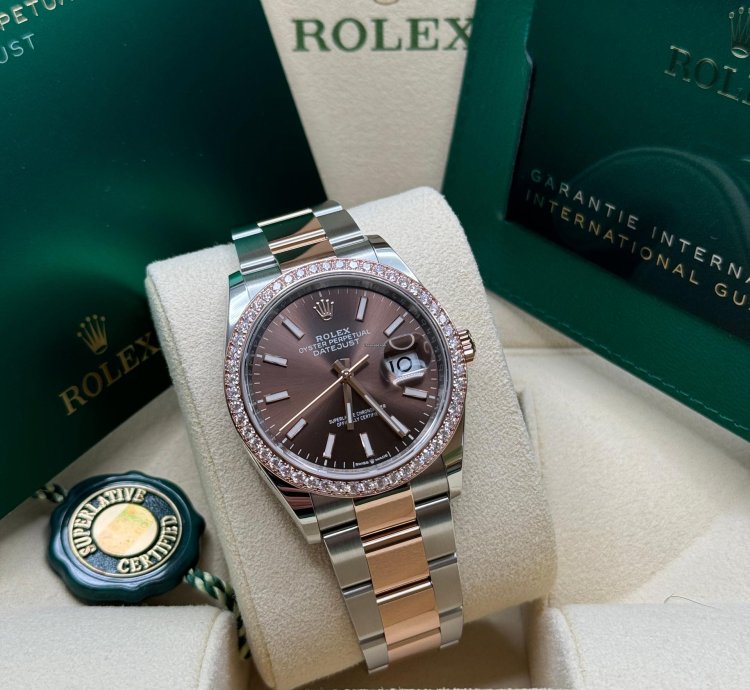 Rolex Datejust 36 New 2023 Chocolate Brown Index Dial Diamond Bezel Two Tone Rose Gold Oyster