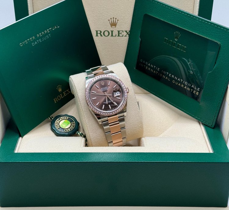 Rolex Datejust 36 New 2023 Chocolate Brown Index Dial Diamond Bezel Two Tone Rose Gold Oyster