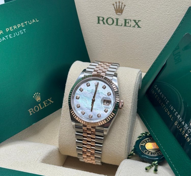 Rolex Datejust 36 New 2024 Mother Of Pearl Diamond Dial Two Tone Rose Gold Fluted Bezel Jubilee