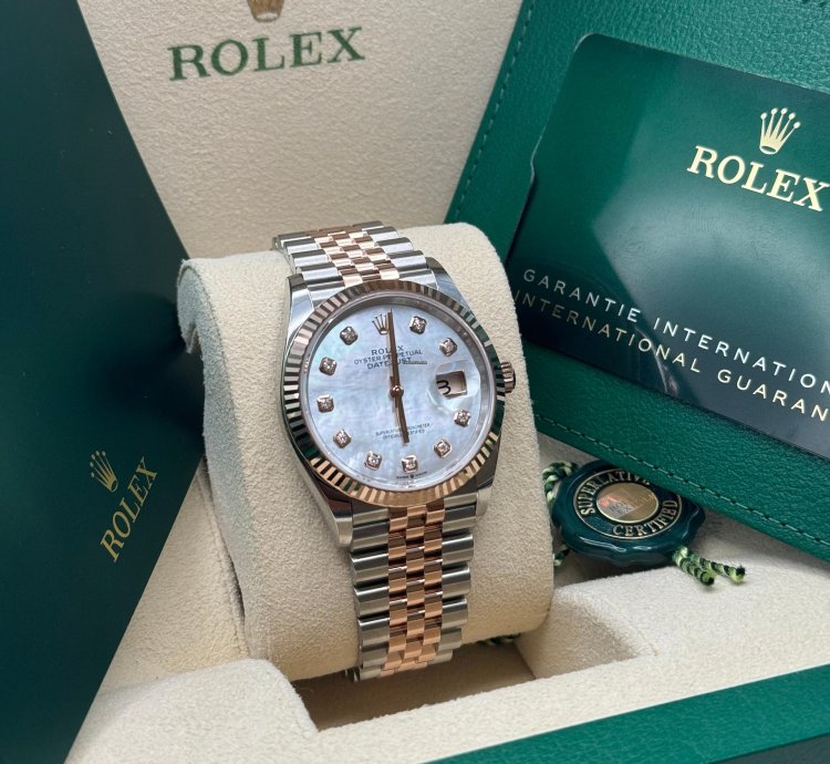 Rolex Datejust 36 New 2024 Mother Of Pearl Diamond Dial Two Tone Rose Gold Fluted Bezel Jubilee