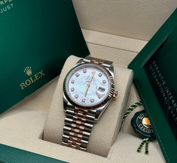 Rolex Datejust 36 New 2024 Mother Of Pearl Diamond Dial Two Tone Rose Gold Fluted Bezel Jubilee