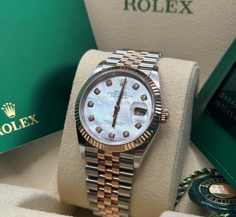 Rolex Datejust 36 New 2024 Mother Of Pearl Diamond Dial Two Tone Rose Gold Fluted Bezel Jubilee