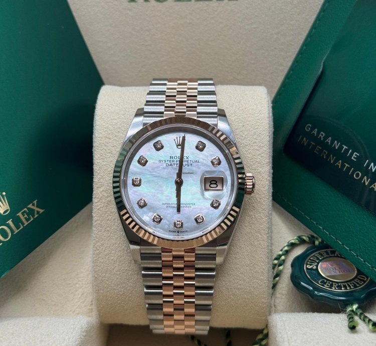 Rolex Datejust 36 New 2024 Mother Of Pearl Diamond Dial Two Tone Rose Gold Fluted Bezel Jubilee
