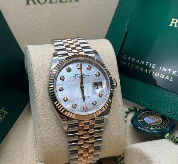 Rolex Datejust 36 New 2024 Mother Of Pearl Diamond Dial Two Tone Rose Gold Fluted Bezel Jubilee