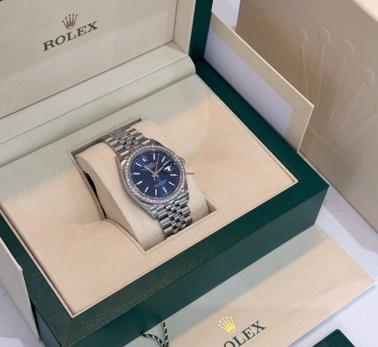 Rolex Datejust 36 Ref 126284rb Blue Motif Dial With Factory Diamond Bezel - New Unworn Full Set