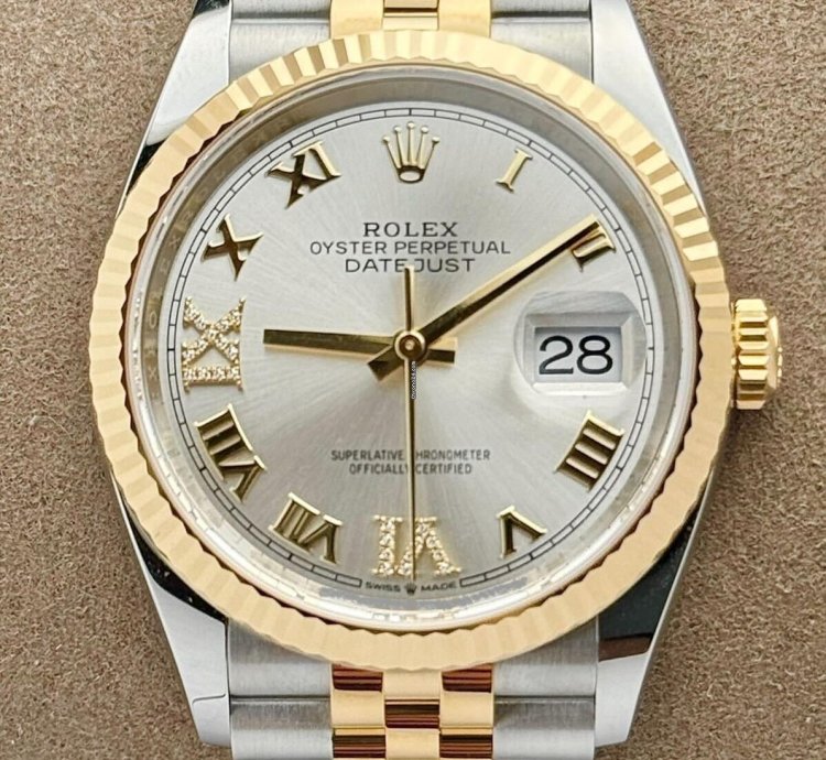 Rolex Datejust 36 Steel Yellow Gold Fluted Silver Roman Diamond Vi Ix Dial Jubilee