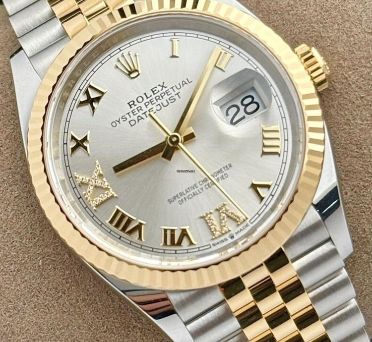 Rolex Datejust 36 Steel Yellow Gold Fluted Silver Roman Diamond Vi Ix Dial Jubilee