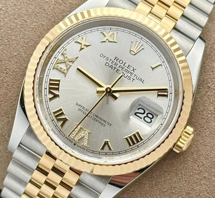 Rolex Datejust 36 Steel Yellow Gold Fluted Silver Roman Diamond Vi Ix Dial Jubilee