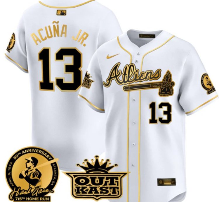 Ronald Acuna Jr Jersey 13 Atlanta Braves Atliens Hank Aaron Patch Limited Stitched White Gold