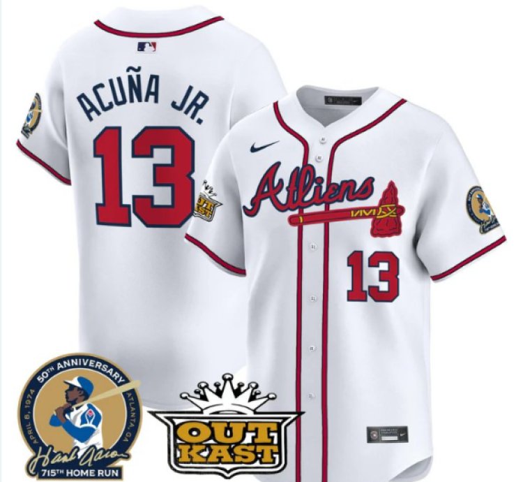 Ronald Acuna Jr Jersey 13 Atlanta Braves Atliens Hank Aaron Patch Limited Stitched White