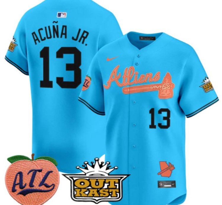 Ronald Acuna Jr Jersey 13 Atlanta Braves Atliens Peach Vapor Premier Limited Stitched Light Blue