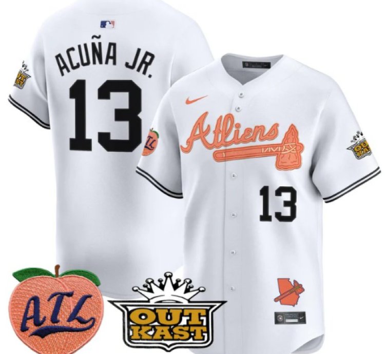 Ronald Acuna Jr Jersey 13 Atlanta Braves Atliens Peach Vapor Premier Limited Stitched White