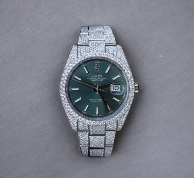 Rolex Datejust 41 Full Iced Out Diamonds Green Dial