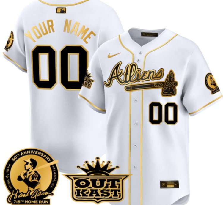 Custom Atlanta Braves Jersey Atliens Hank Aaron Patch Vapor Limited Stitched White Gold