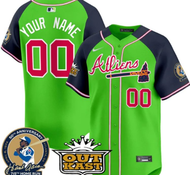 Custom Atlanta Braves Jersey Atliens Hank Aaron Patch Vapor Limited Stitched Green Alternate