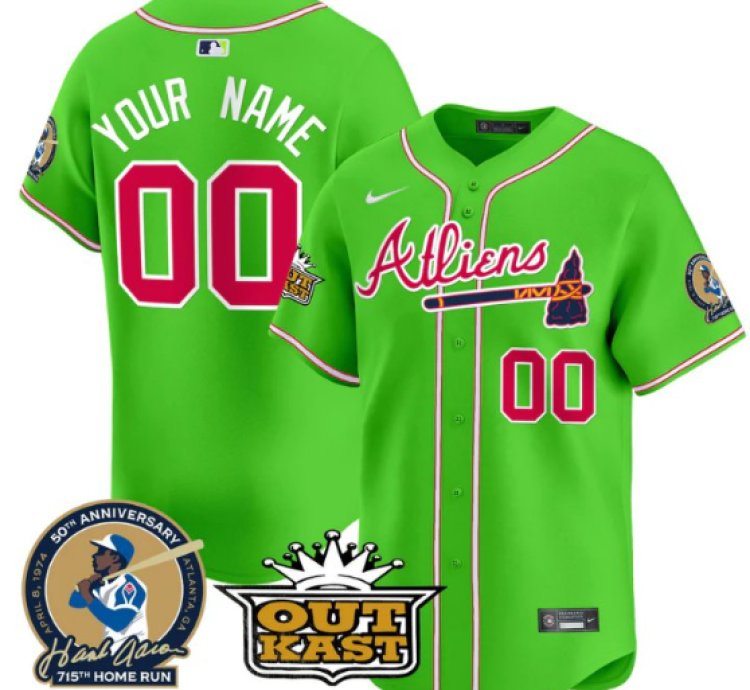 Custom Atlanta Braves Jersey Atliens Hank Aaron Patch Vapor Limited Stitched Bright Green