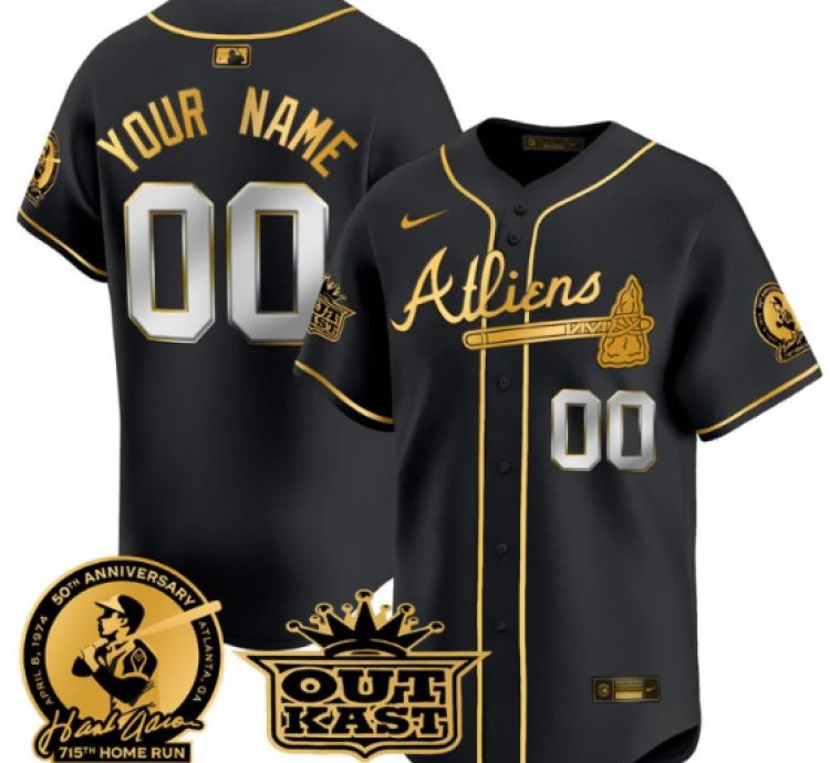 Custom Atlanta Braves Jersey Atliens Hank Aaron Patch Vapor Limited Stitched Black Gold
