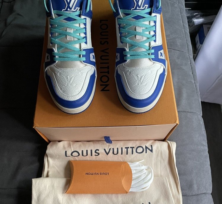 Louis Vuitton White Blue Monogram Trainer Sneaker