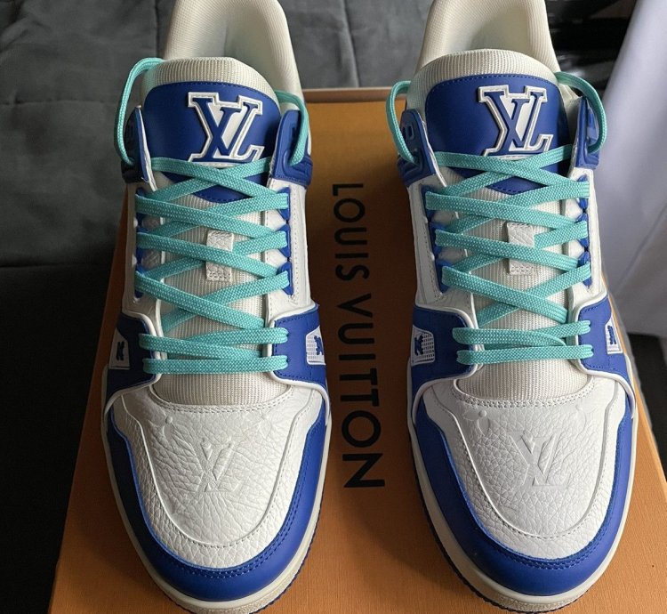 Louis Vuitton White Blue Monogram Trainer Sneaker