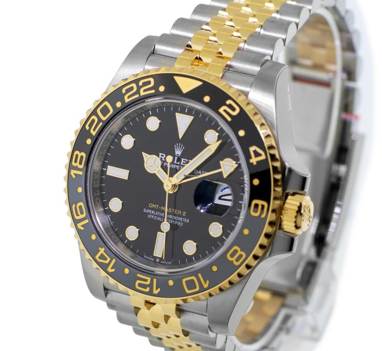 Rolex Gmt-master Ii 40mm Yellow Gold And Steel Black Dial Black Grey Bezel 126713