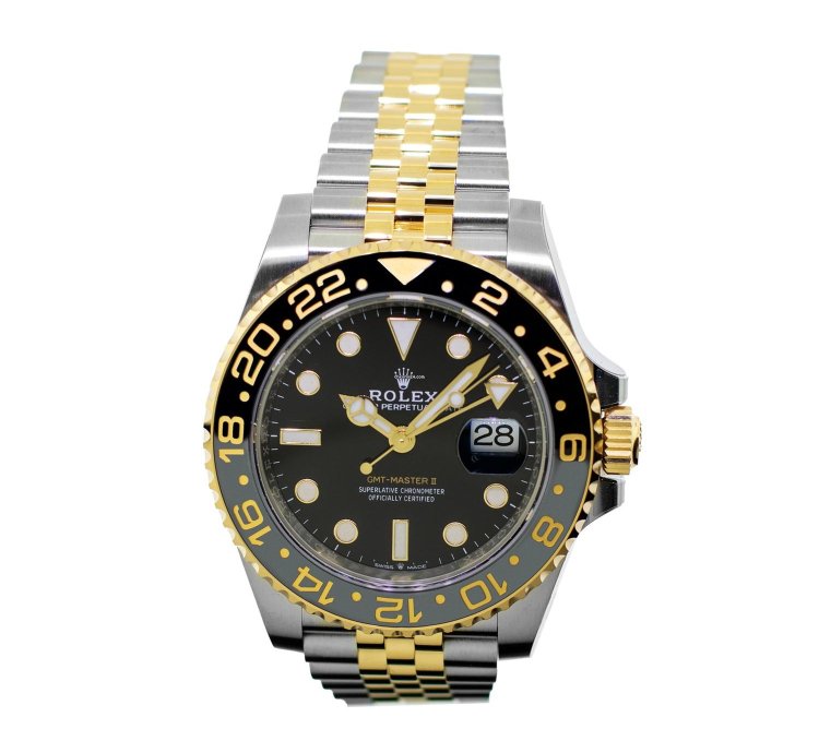 Rolex Gmt-master Ii 40mm Yellow Gold And Steel Black Dial Black Grey Bezel 126713
