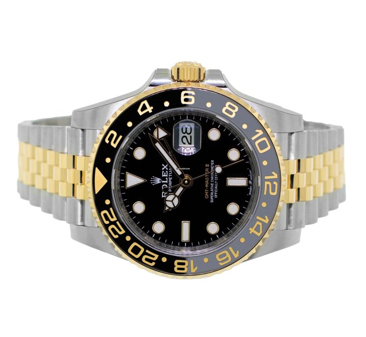 Rolex Gmt-master Ii 40mm Yellow Gold And Steel Black Dial Black Grey Bezel 126713