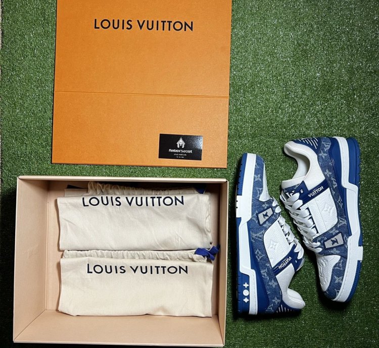 Lv Trainer Sneaker Monogram Denim White Blue