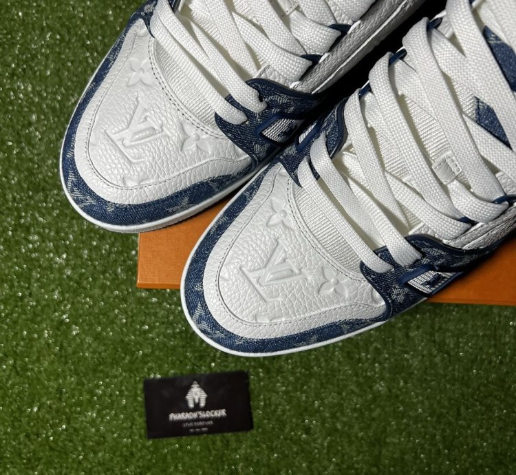 Lv Trainer Sneaker Monogram Denim White Blue