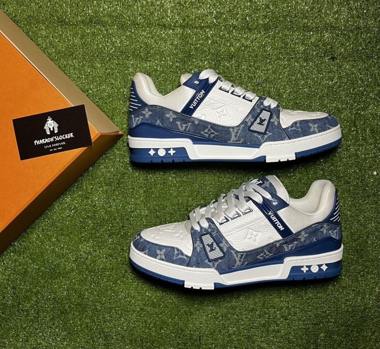 Lv Trainer Sneaker Monogram Denim White Blue