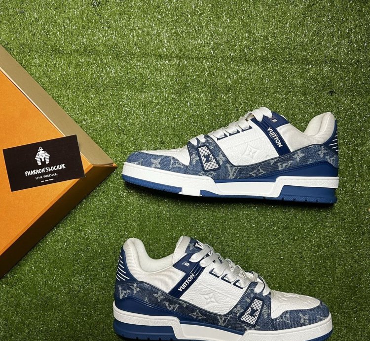 Lv Trainer Sneaker Monogram Denim White Blue