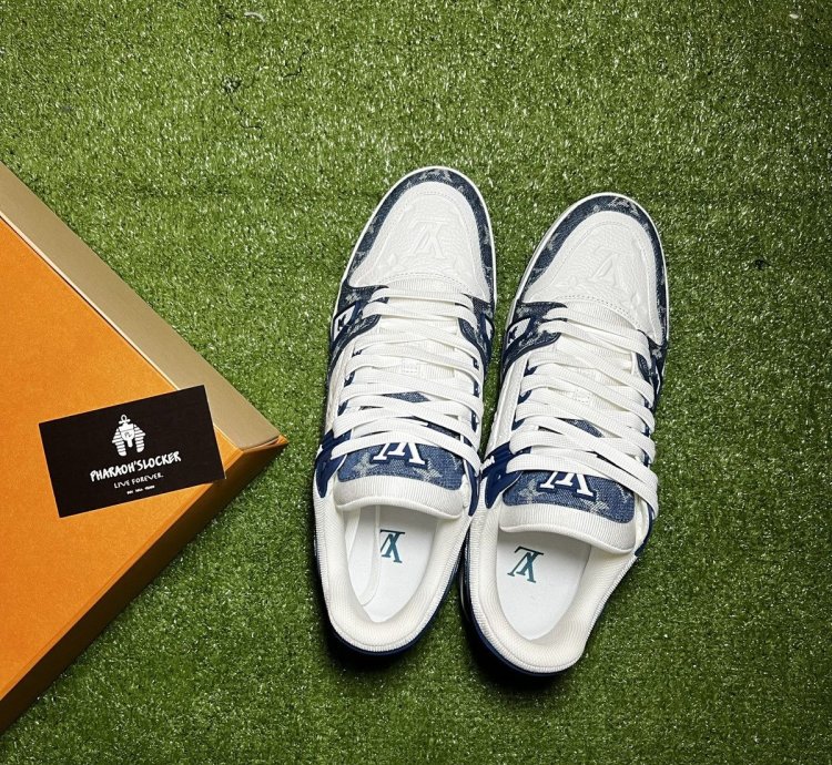 Lv Trainer Sneaker Monogram Denim White Blue