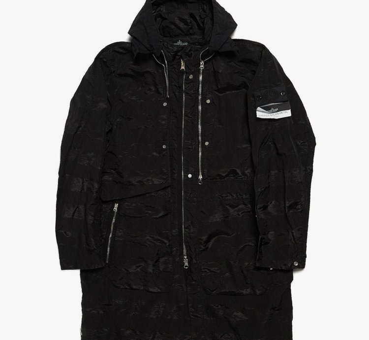Black Striped Nylon Metal Polyamide Blend Coat