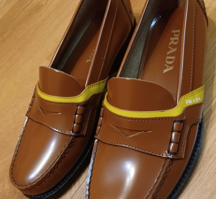 New Prada Loafers Brown Yellow Stripe Logo