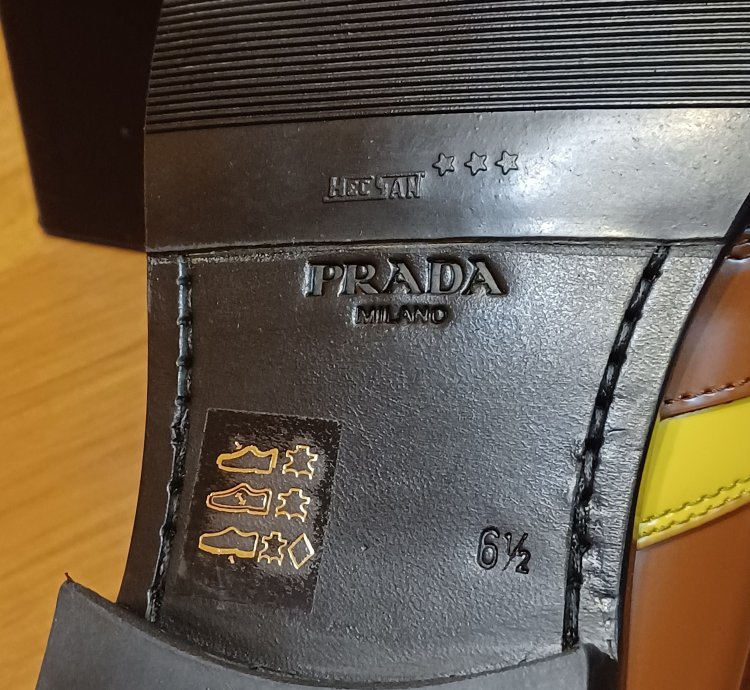 New Prada Loafers Brown Yellow Stripe Logo