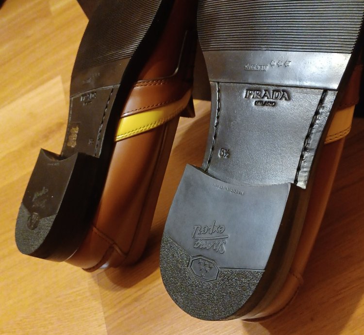 New Prada Loafers Brown Yellow Stripe Logo